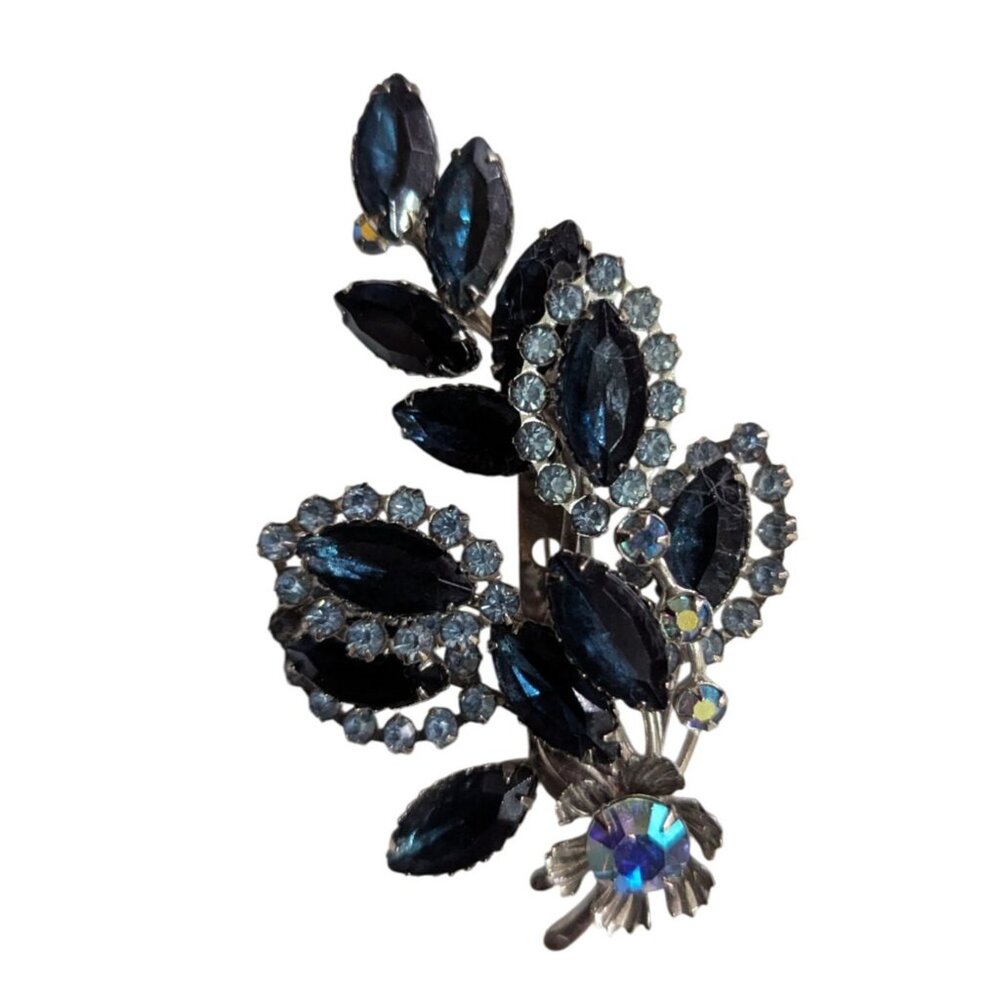 Vtg Blue Rhinestone Leaf Brooch Silver‎ Tone Marquise Cut Spray Cocktail Jewelry